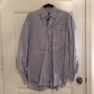Blue, white, and brown plaid Scott Barber shirt.
